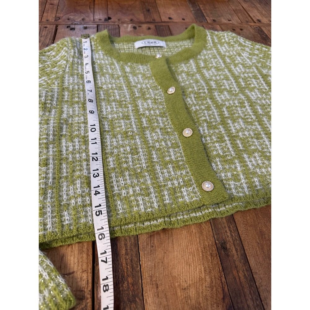 Cider Olive Green & White Tweed Cropped Cardigan Sweater - Picture 7 of 10